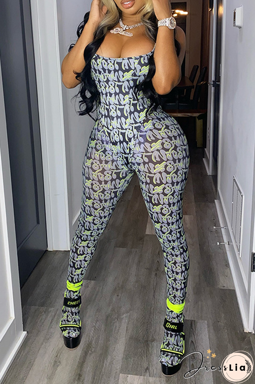 Sexy Print Split Joint Square Collar Sleeveless Two Pieces