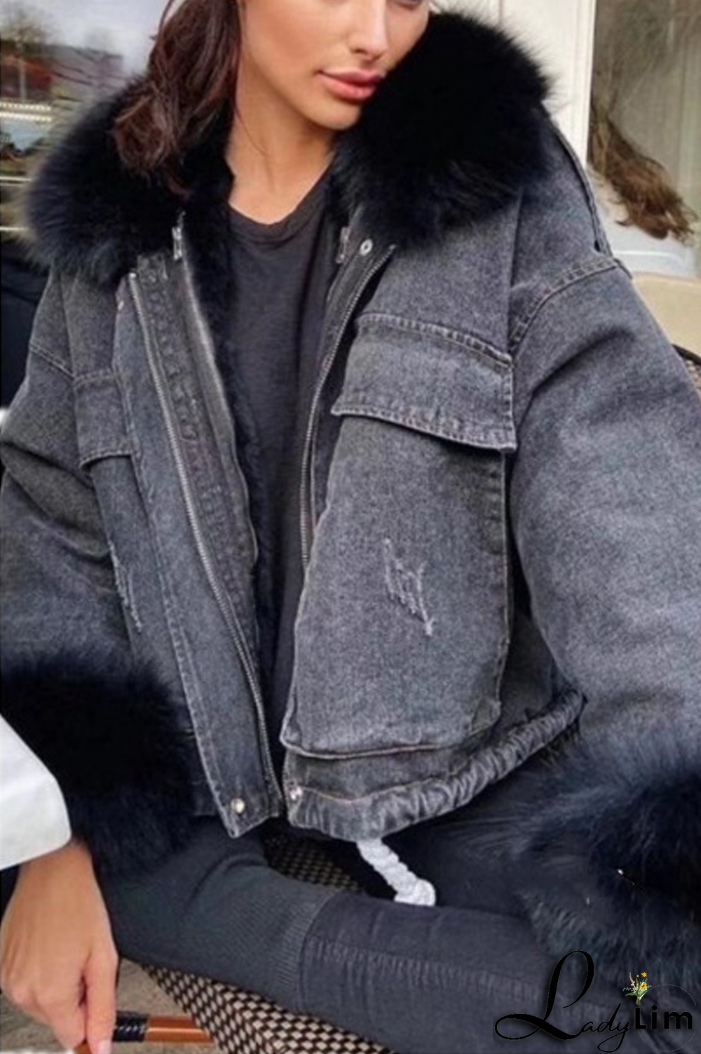 Denim Faux Fur Collar Drawstring Cotton Coat