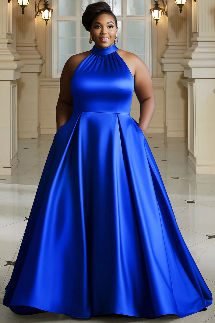 Xpluswear Design Plus Size Formal Royal Blue Halter Collar Pocket Satin Maxi Dresses 2024 - Xpluswear