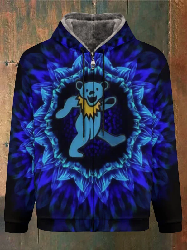 Unisex Bear Print Double Layer Fleece Zip-Up Hooded Jacket
