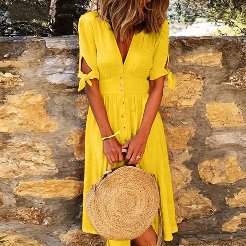 Casual solid color lace-up V-neck dress