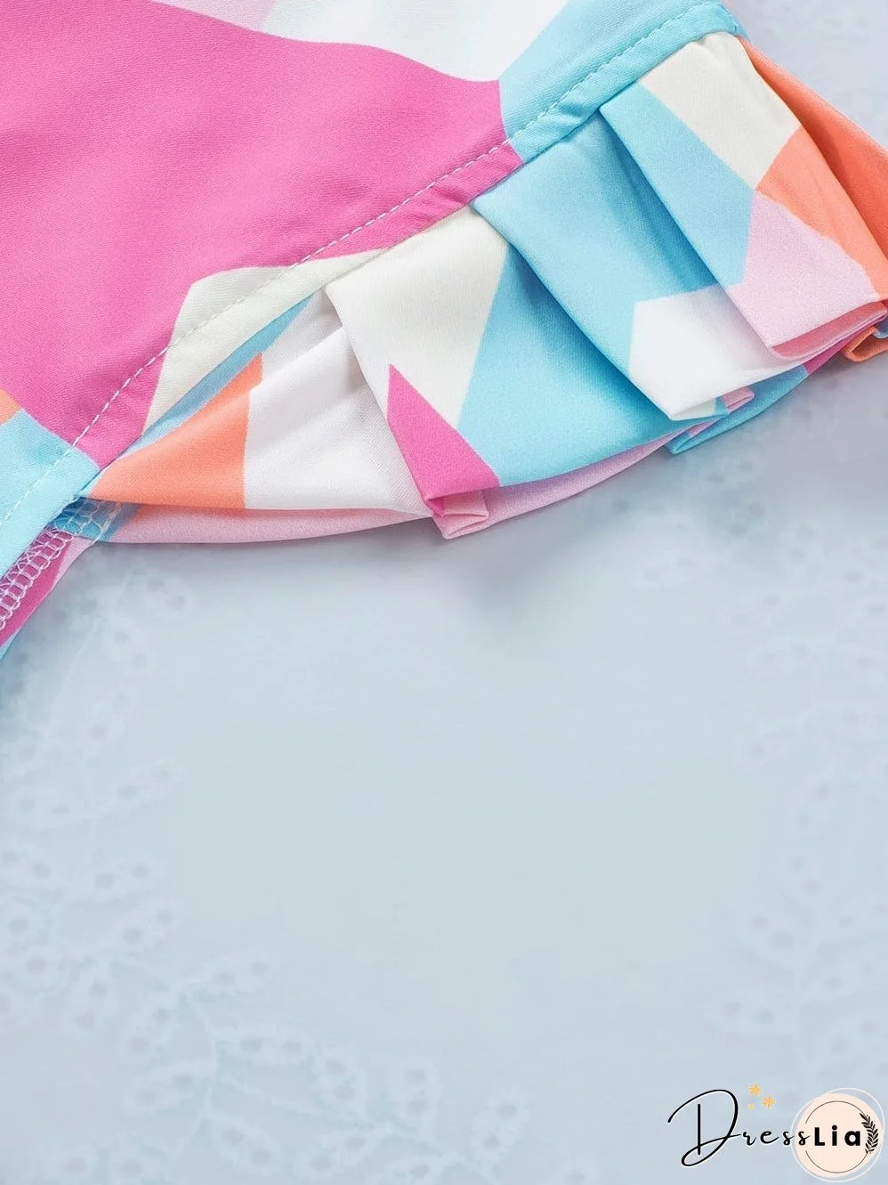 Pastel Geometric Print V-Neck Cap Sleeve Top with Colorblock Detail