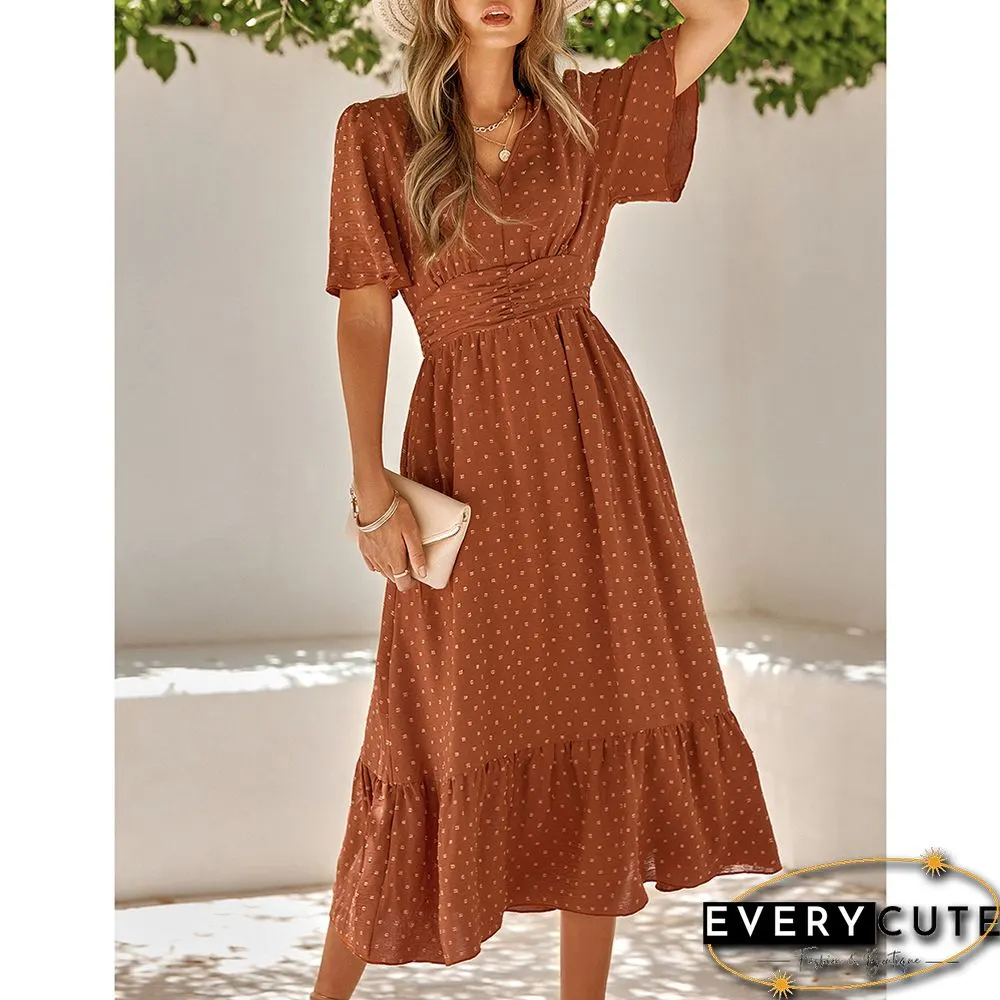 Rust Red Swiss Dot V Neck Casual Dress