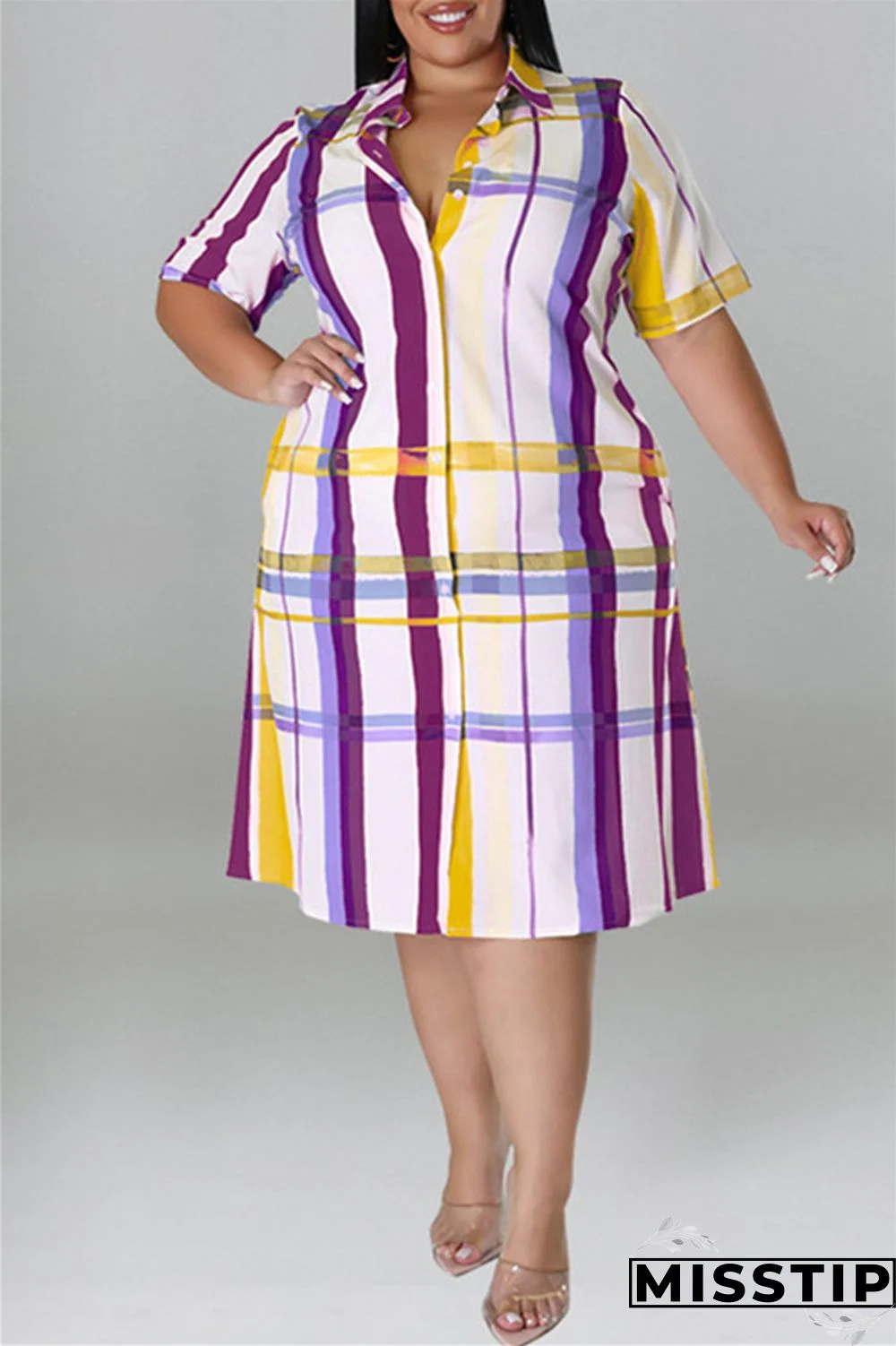 Blue Fashion Casual Plus Size Plaid Print Patchwork Turndown Collar Shirt Dress