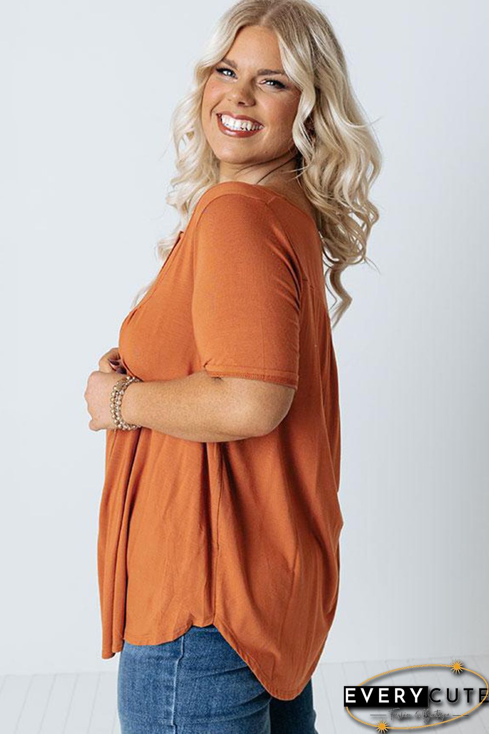 Orange Buttons Ruched O Neck Short Sleeve Plus Size Top