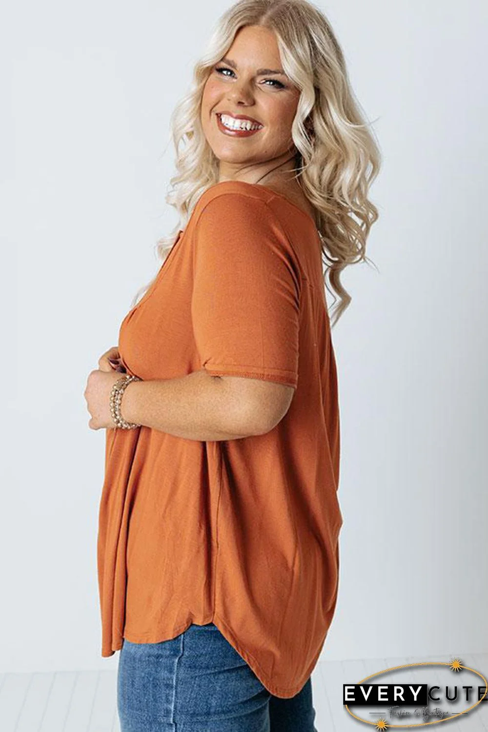 Orange Buttons Ruched O Neck Short Sleeve Plus Size Top