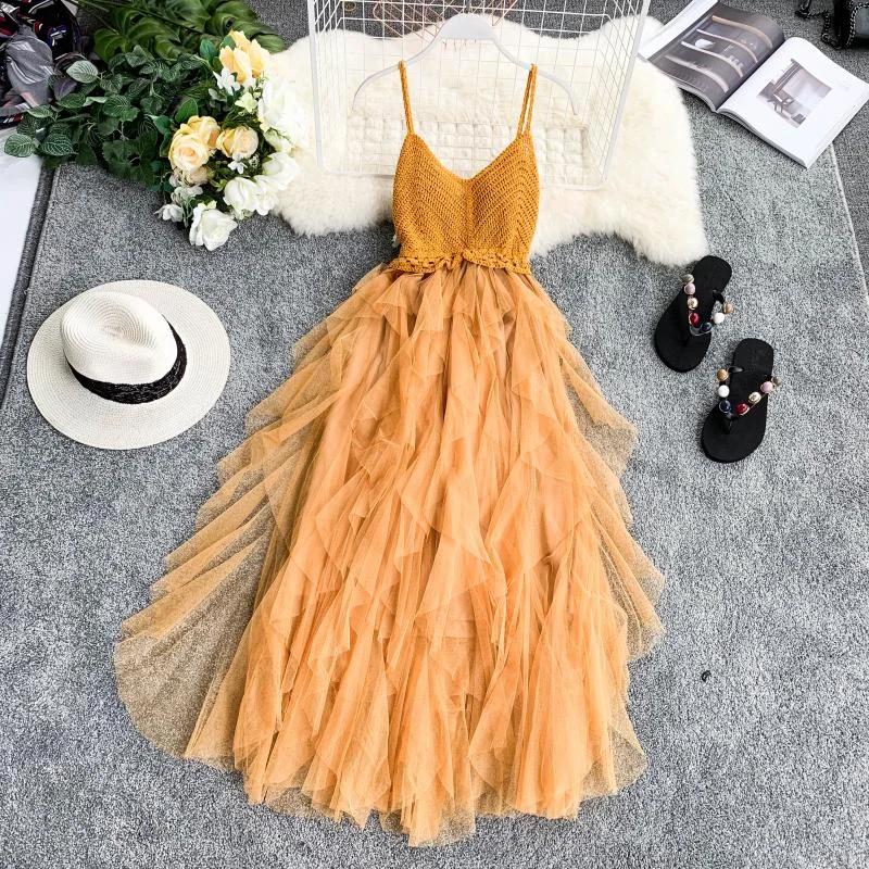 FTLZZ New Women Tulle Dress Summer Mesh Dress Summer High Waist Hem Asymmetrical Pleated Fairy Dress Female Slim Dresses