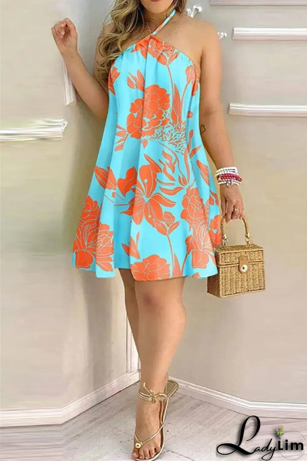 Blue Fashion Casual Print Bandage Backless Halter Sleeveless Dress Dresses