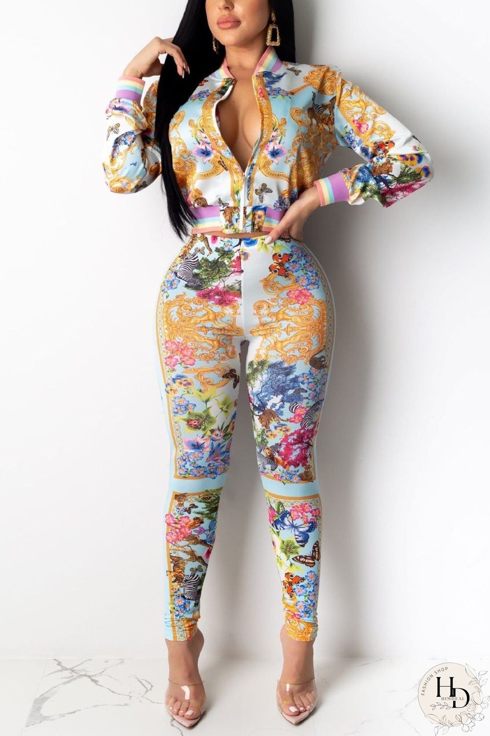 Fashion Casual Printing Zipper Two-Piece