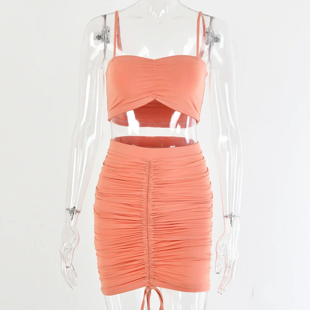 Articat Two Piece Sexy Pleated Party Dress Women Spaghetti Strap Backless Slinny Pencil Christmas Dress Casual Dress Vestidos