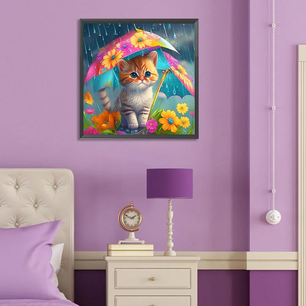 Diamond Painting - Full Round Drill - Umbrella Cat(Canvas|30*30cm)