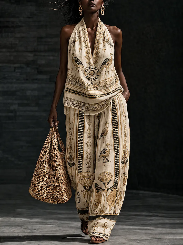 Women&rsquo;s Tribal Mask Pattern Creative Print Two-Piece Set