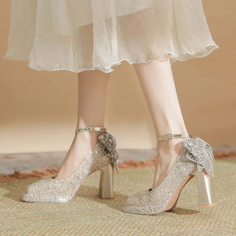 Churchf Churchf Thick Heel One-Word Buckle Waterproof Platform Mary Jane High-Heeled Shoes Wedding Shoes Bridesmaid Shoes Sequins Hollow Single Shoes Women