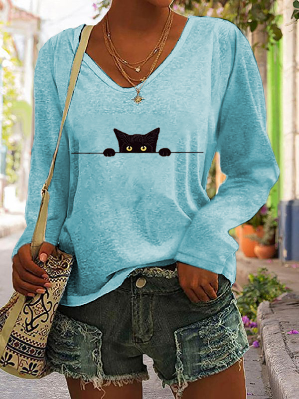 Women's Casual Funny Black Cat Print T-shirt wearshes