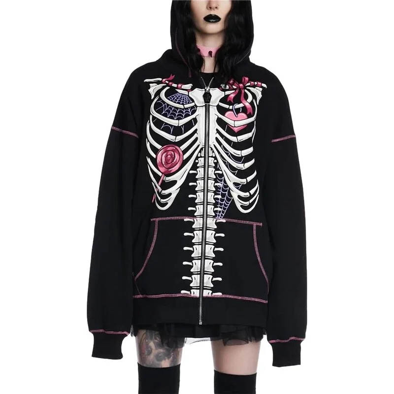 Uveng Hoodies y2k Women Skeleton/Skull Print Zip Up Long Sleeve Tops with Pockets Cyber Punk Clothes 2000s Sweatshirt Outwear