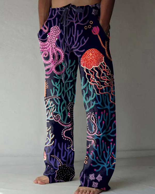 Japanese Colorful Octopus Art Print Casual Pants