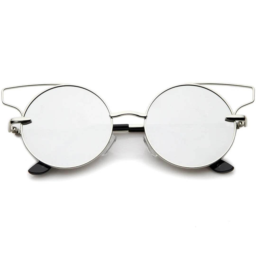 Women's Wire Open Metal Frame Color Mirror Flat Lens Round Cat Eye glasses 52mm