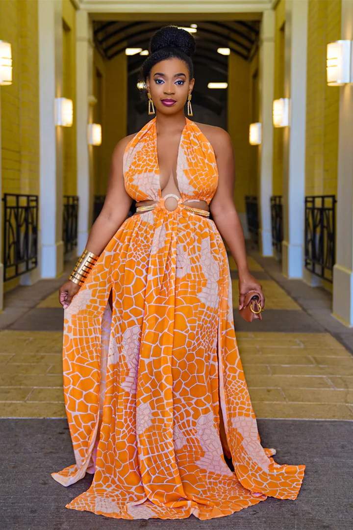 Printed V-Neck Open Back Sling Slit Dresses