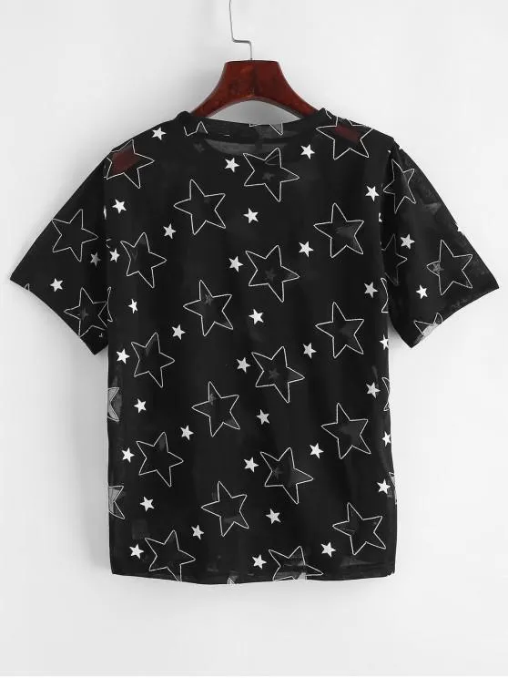 Mesh Star Round Neck Tee for Women