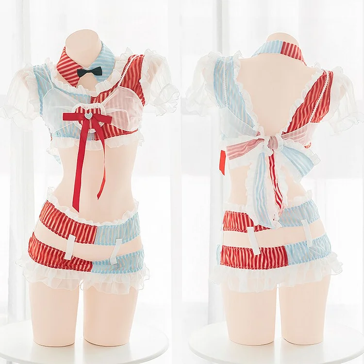 Clown Girls Red Blue Chiffon Hollow Out Lingerie Set BE328