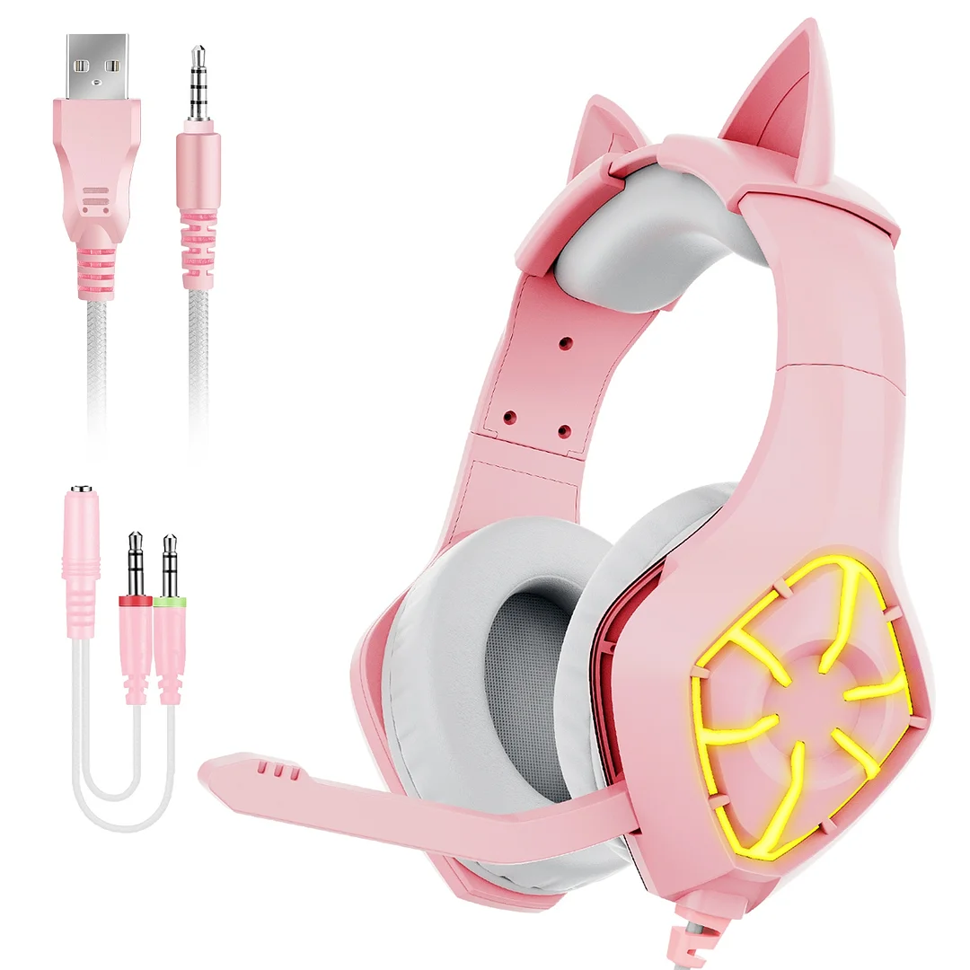 Gaming Headset with Microphone, Removable Cat Ear Surround Sound Headphone, Over-Ear Gaming Headphones with LED Light, Compatible with PC, PS4, PS5 for Girls Women (Pink)