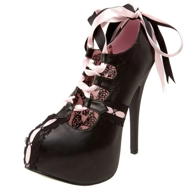 Black Pink Lace Up Booties Vdcoo