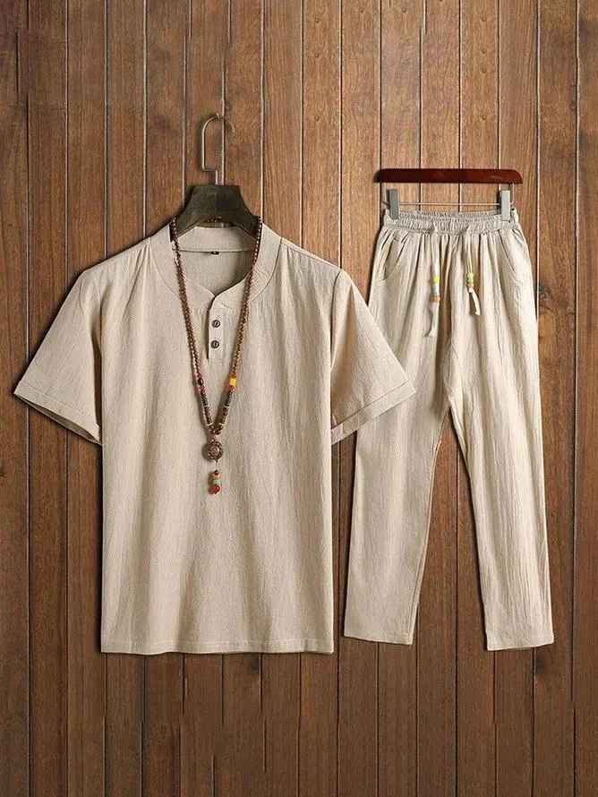 Men's Comfy Cotton Linen Sets Short-sleeved T-shirt + Trousers