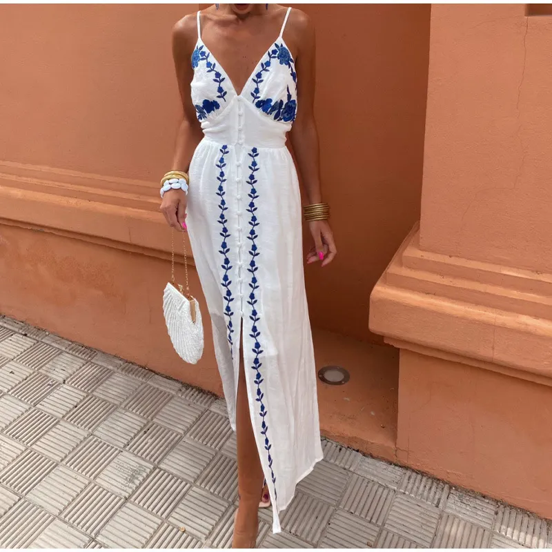 Churchf Churchf Floral Halter Dress Sexy V Neck Open Back Sleeveless Slit Holiday Women's Dress