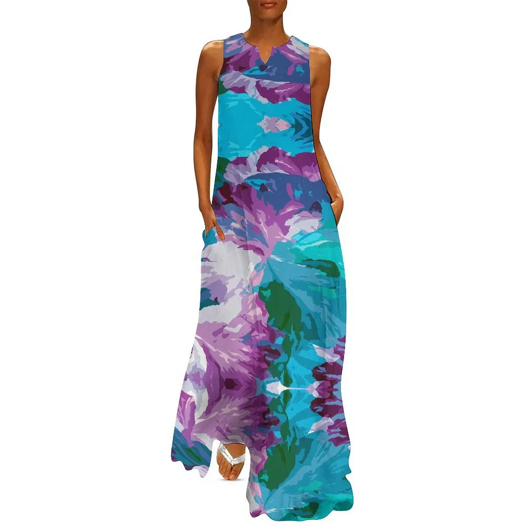 Style & Comfort for Mature Women Plus Size Printed Sleeveless Casual Women Maxi Dress with Pockets in Pattern Petals, Rose Red, Blue