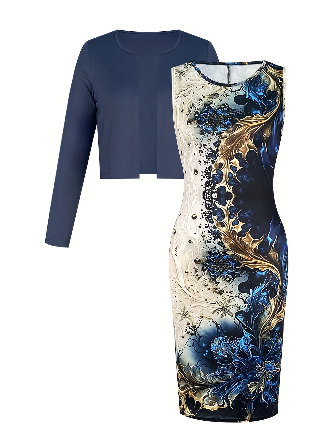 Women's Elegant Solid Color Long Sleeve Cardigan Jacket And Oil Painting Printed Dress Sprinkle Two-Piece Set | IFYHOME