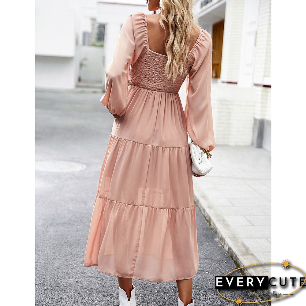 Pink Solid Square Neck Pocket Long Sleeve Dress