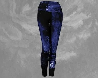 Pornhint Leggings Tights Yoga Pants, Athletic Leggings Blue Flames Print - Dawn Mercer Designer Wear