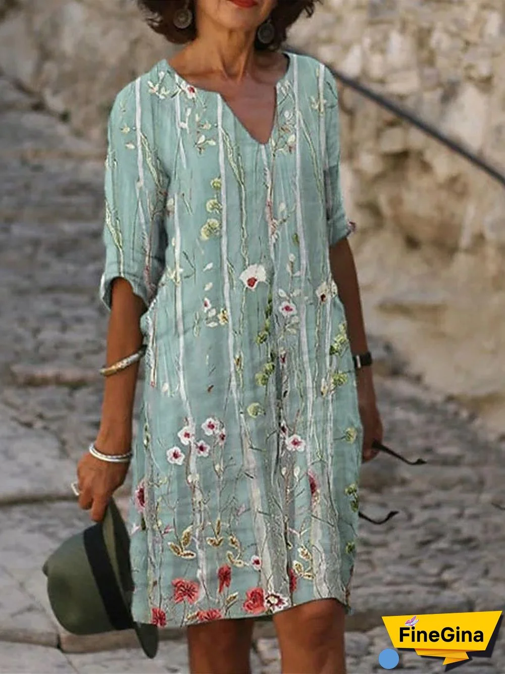 Women's Half Sleeve V-neck Floral Print Casual Dress