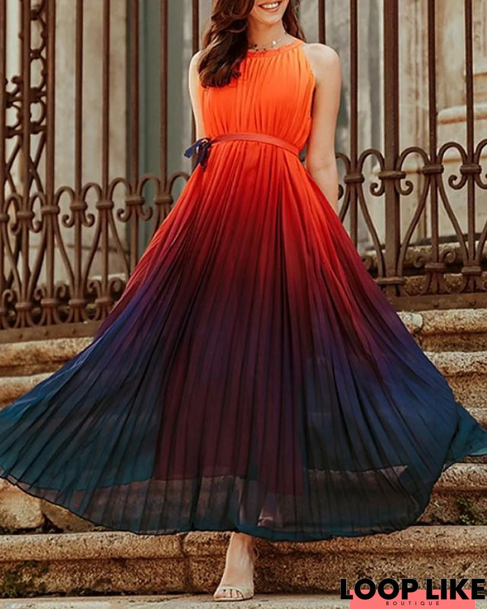 Women's Chiffon Dress Maxi Long Dress Sleeveless Color Gradient Summer Work Rainbow