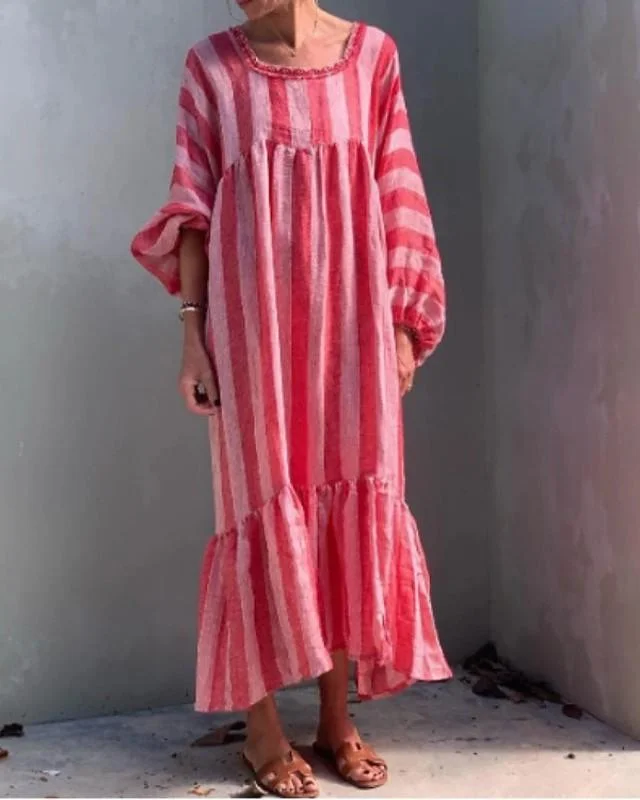 Women's Swing Dress Maxi Long Dress Long Sleeve Striped Print Summer Hot Casual Boho Red