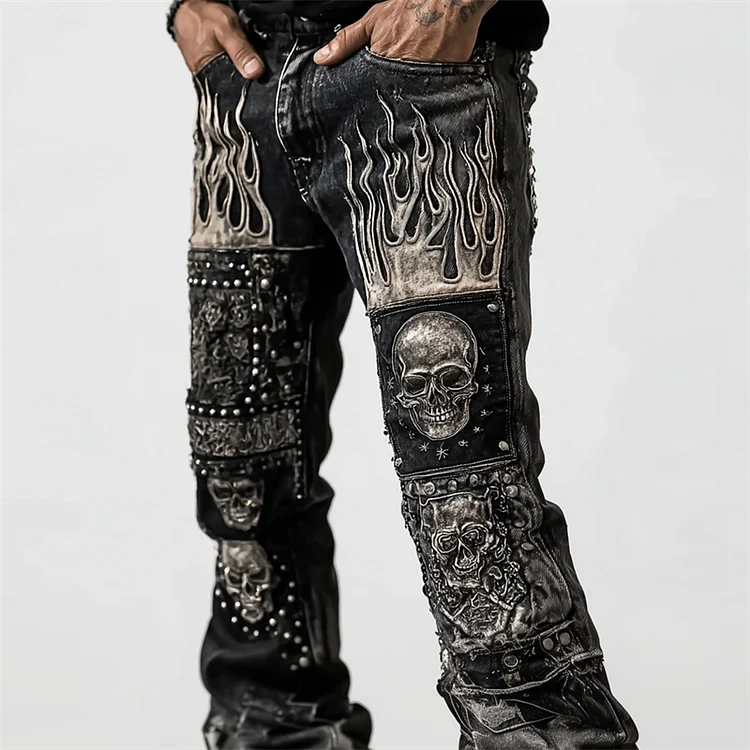 Men's Skulls & Flame Patchwork Rock Studded Washed Bootcut Jeans