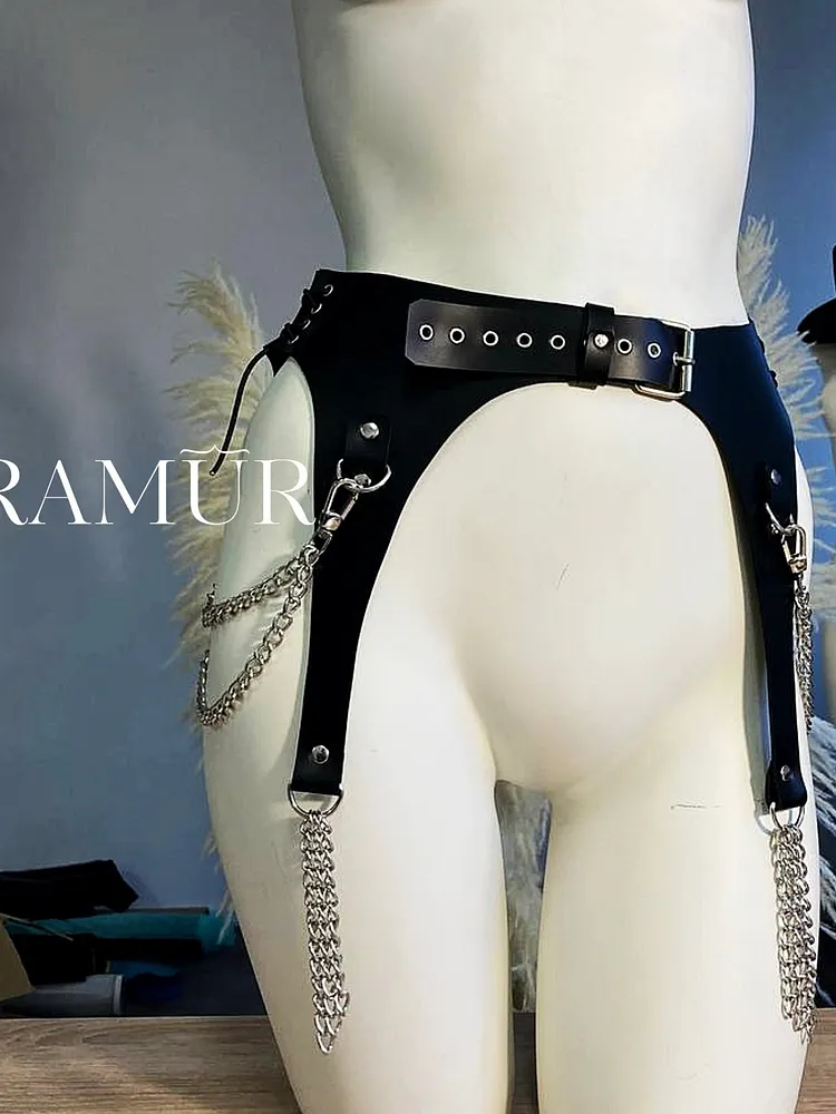 pornhint Pornhint Leather waist garter belt chain for women, womens thigh lingerie harness, fashion body leg booty butt corset belt, thigh harness goth skirt leather body harnesses for women