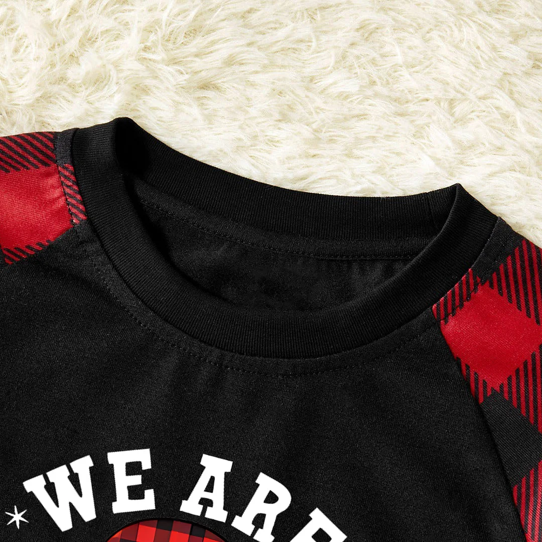 "We are Family" Santa Hat Monogram Print Letter Black & Red Plaid Family Matching Black Pajamas