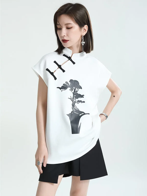 Oriental Black Slanted Lapel Buttoned Printed Short Sleeve T-Shirt