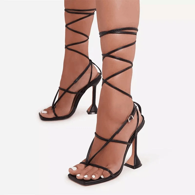 Women Sandals Sexy Summer Shoes Gladiator Clip Toe High Heels Bandage Buckle Strap Pumps Squre Toe Ladies Party Fashion Stiletto