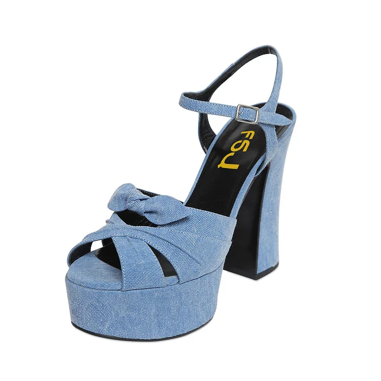 Blue Jean Heels Peep Toe Denim Chunky Heel Platform Sandals with Bow |FSJ Shoes