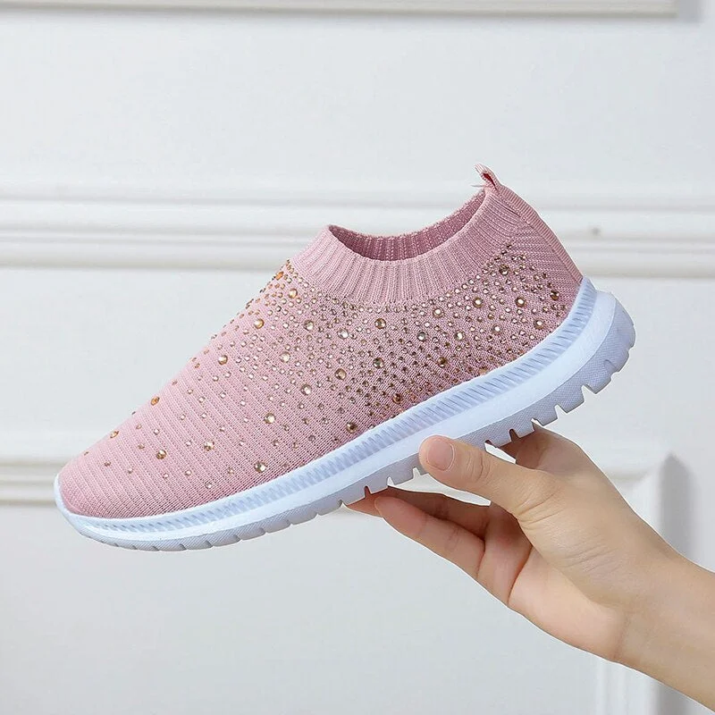 Woman Sock Sneakers crystal 2021 Knitted Flat Shoes summer women's  Loafers  Ladies Casual Vulcanized Shoes slip on mesh sport s