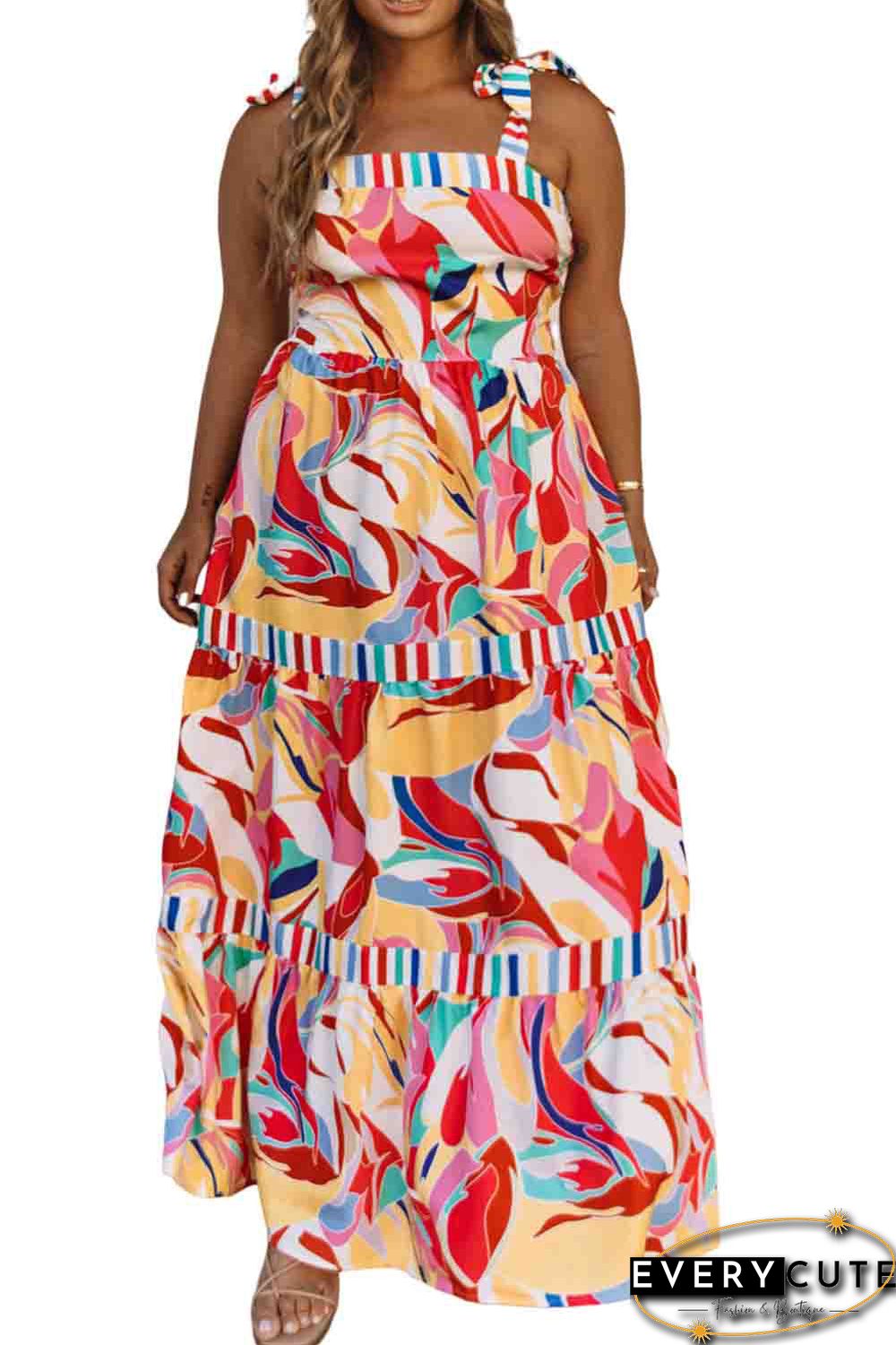 Multicolor Bohemian Abstract Print Tie Straps Maxi Dress