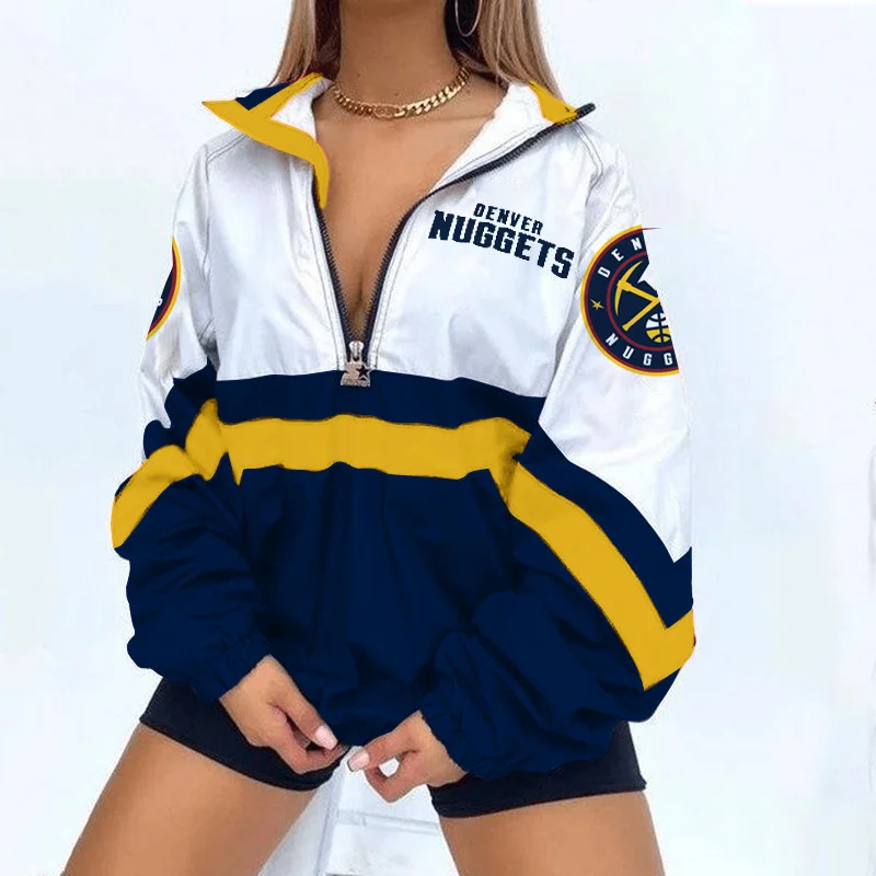 Women's Support Denver Nuggets Basketball Print V Neck Zipper Sweatshirt Jacket 