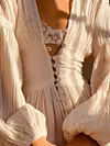 Fashion Split-Front Solid Color Buttoned Pleated Flared Sleeves V-Neck Maxi Dress