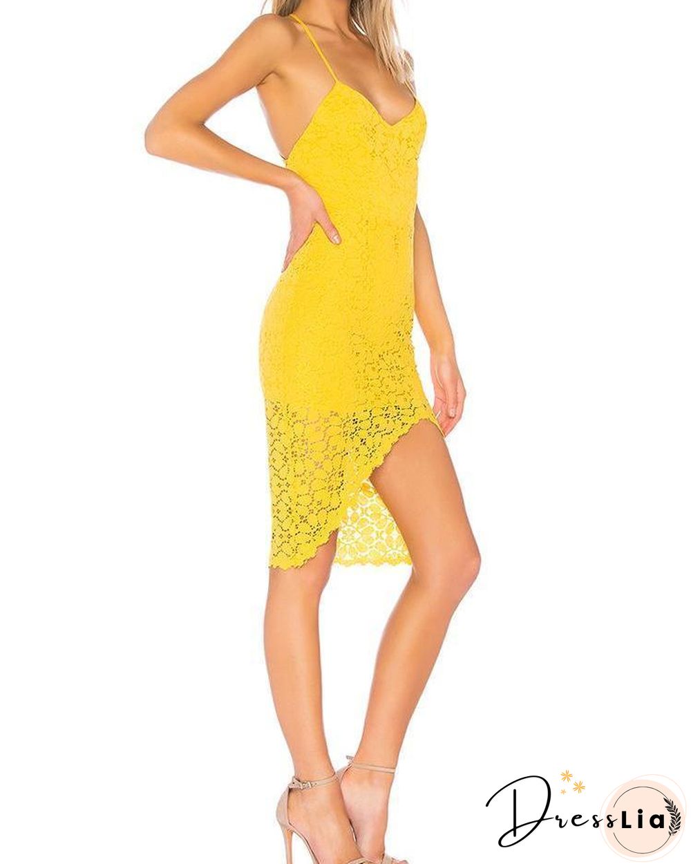 Floral Lace Halter Lace-up Back Irregular Dress P11811