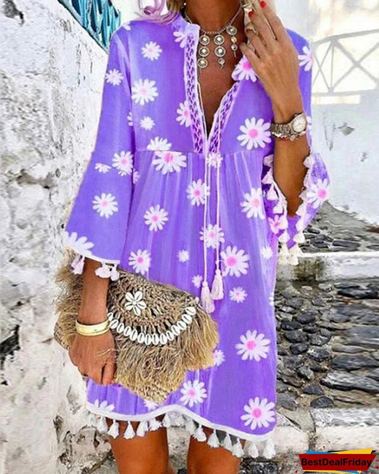 Women Boho Holiday Floral Tassel Sweet V Neck A-lined Mini Summer Dresses