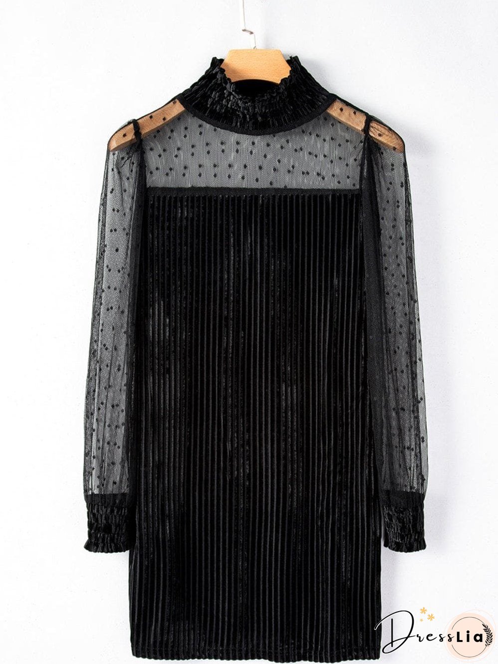Polka Dot Striped Mesh Frilled Neck Bubble Sleeve Dress