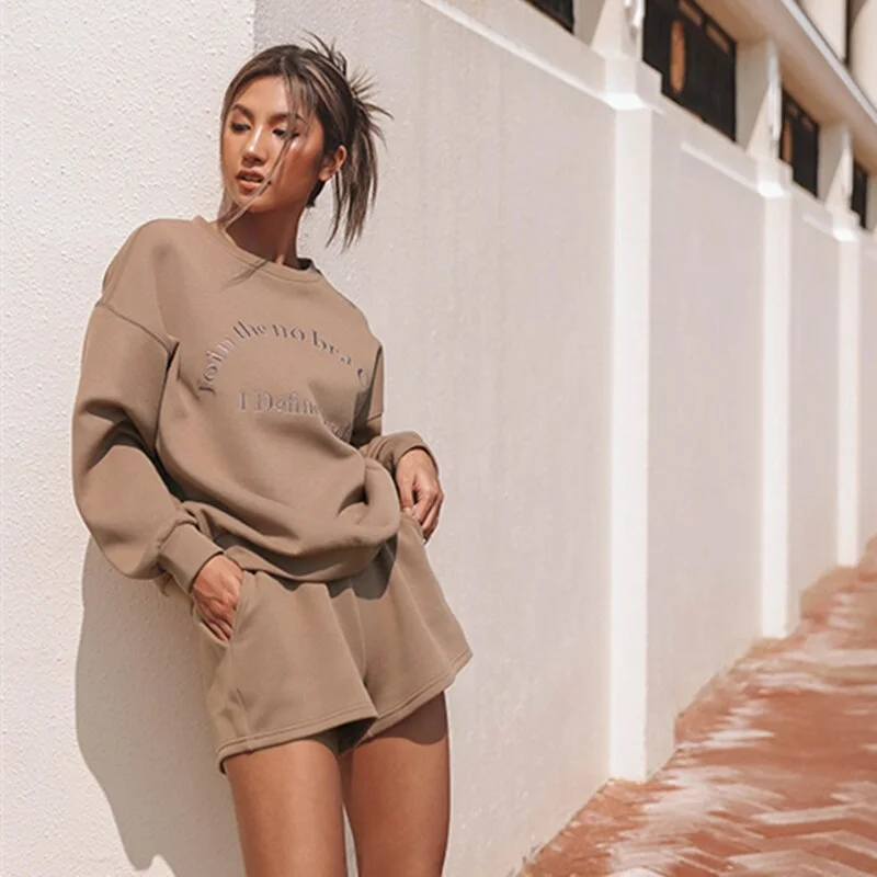 Spring Autumn Women Tracksuit Loose Two Piece Sets Casual Long Sleeve Letter Sweatshirt & Elastic Waist Shorts Outfits