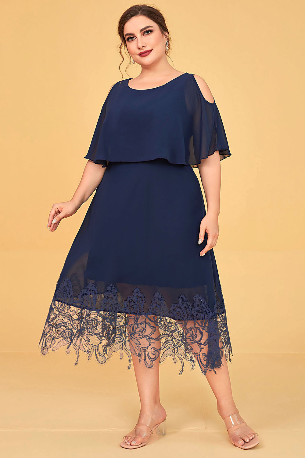 Flycurvy Plus Size Formal Navy Blue Chiffon Lace Stitching Cold Shoulder Midi Dress 2024 - Flycurvy 